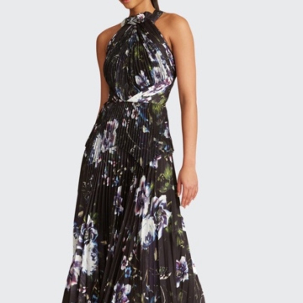 Theia Trinity Floral Pleated Halter Dress